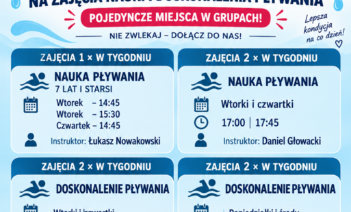 ZAPISY UZUPEŁNIAJĄCE NA NAUKĘ I DOSKONALENIE PŁYWANIA!  